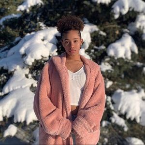 pink fluffy jacket!!